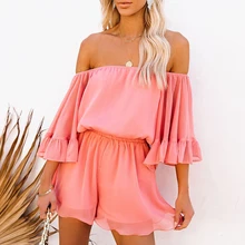 

Summer Short Sleeve Rompers Fashion Chiffon Jumpsuits Women Loose Casual Solid Color Off Shoulder Playsuits Ruffles Plus Size
