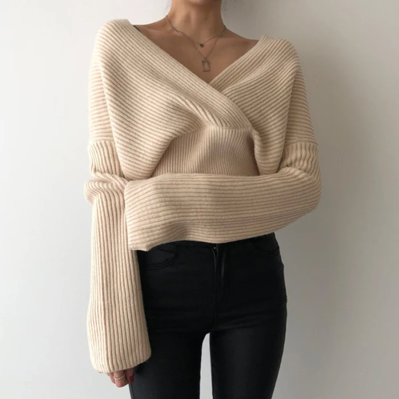 SuperAen Korean Style Women Pullovers Sweaters Autumn and Winter New Ladies Sweaters V Neck Solid Color Casual Tops Female