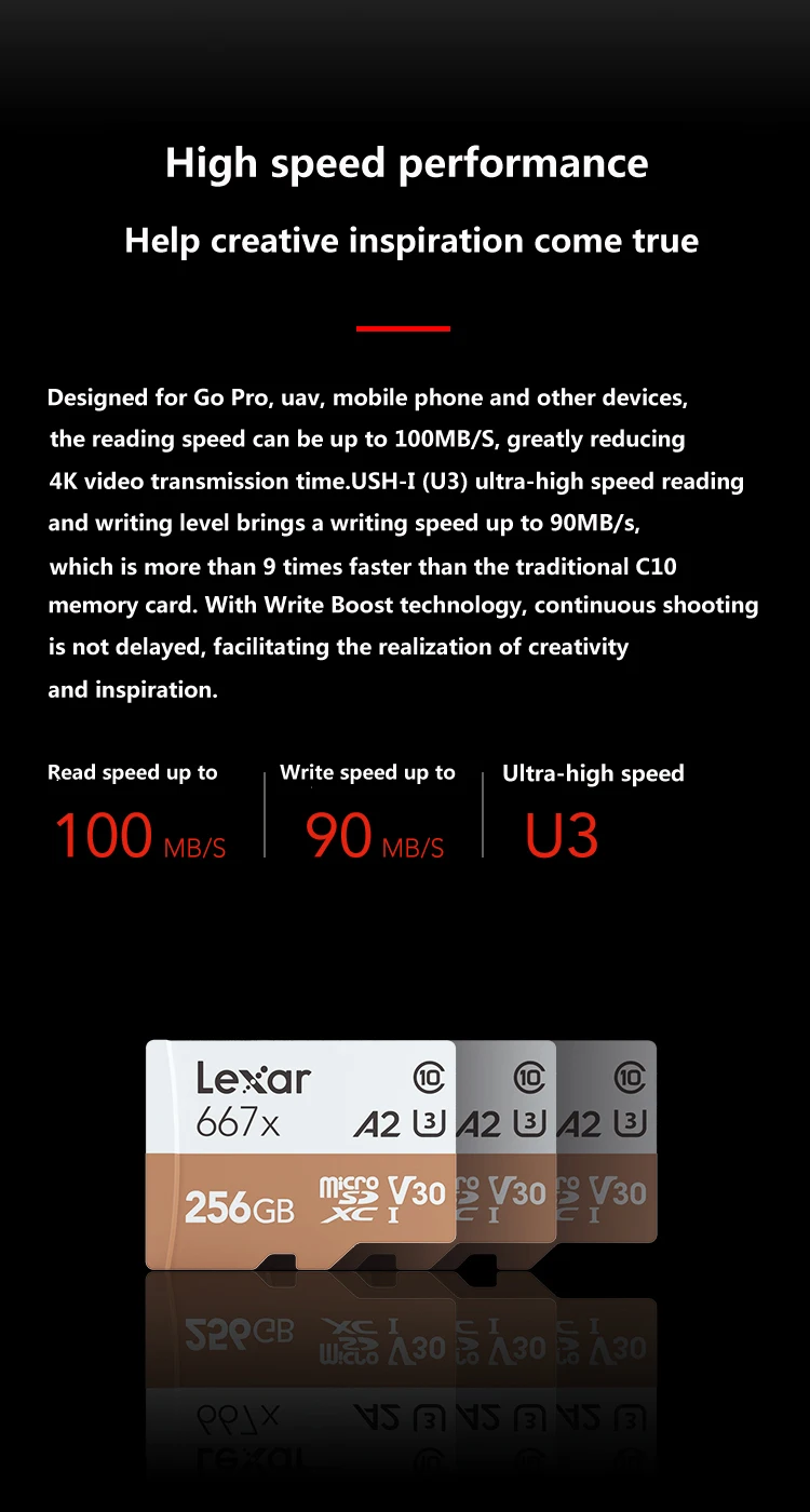 Lexar 667x Micro SD карта 64 Гб класс 10 128 ГБ micro SDXC 256 ГБ tf карта памяти UHS-I для дрона спортивная видеокамера/БПЛА