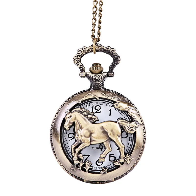 

Retro trend bronze Chinese zodiac horse perspective pattern open white digital pocket watch men's and women's accessories belt c