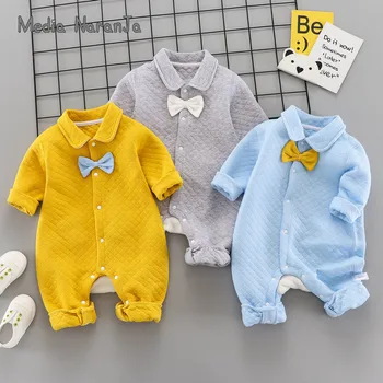 

Baby Boy Autumn 0-3-6-9-12 Months Winter Warm One-Piece Clothes Clip Cotton Romper bow tie gentlemen twins outfits