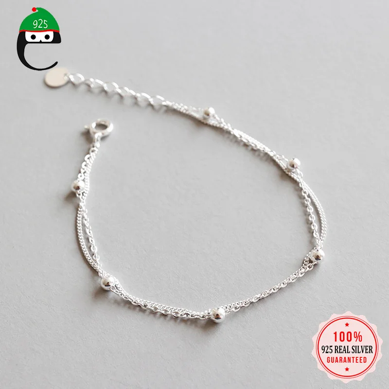 

ElfoPlataSi 100% 925 Solid Real Sterling Silver Double Layer Beads Bracelet 16cm For Gift Women Girls Lady Drop Shipping XY454