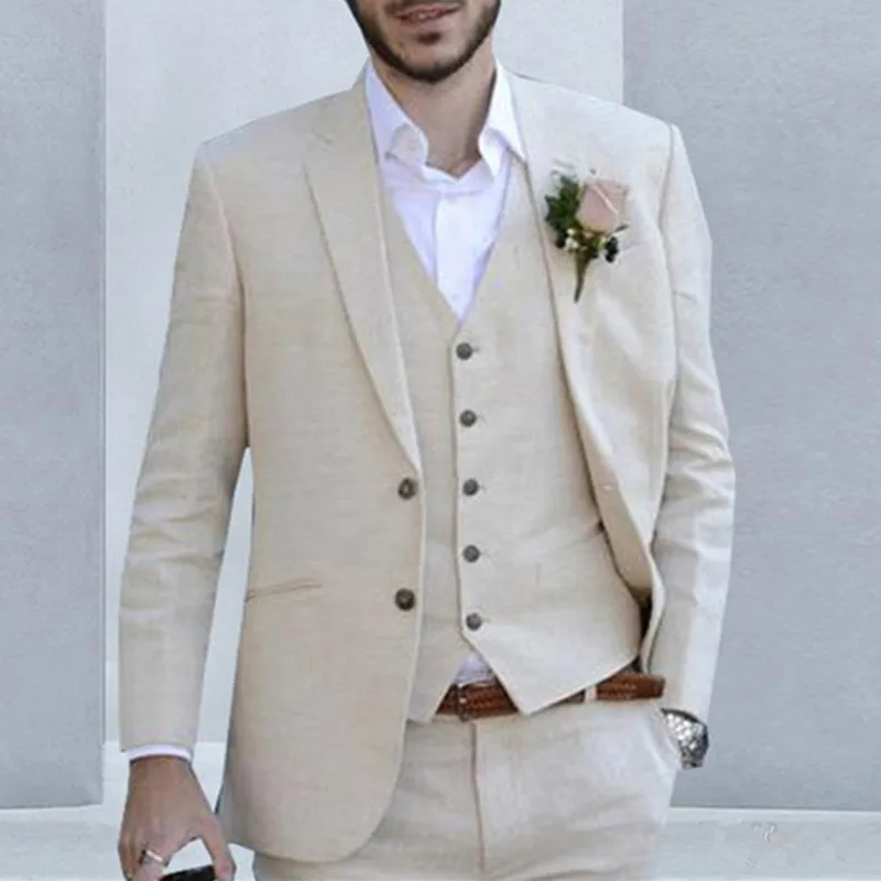 Traje De Boda De Lino Beige De Verano Para Hombre El Mejor Esmoquin De Boda Para Padrinos De Boda De Playa Traje Ajustado Para Hombre De 3 Piezas Chaqueta Pantalon