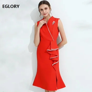 

Formal Party Elegant Dress 2020 Spring Women V-Neck Ruffle Patchwork Sleeveless Mid-Calf Orange Red Black Bodycon Dress XXXL