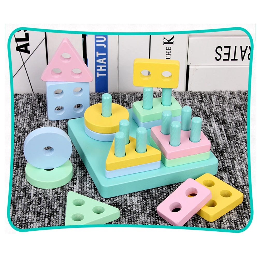 Kids Children's Wooden Educational Preschool Toy, Shape & Color Recognition Geometric Board with Square Base
