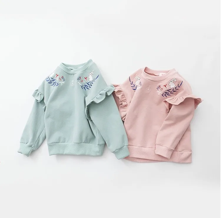Girls Sweatshirt Spring Fall Baby Kids Cute Embroidered Tops Children's Fashion Ruffles Flare Trumpet Spliced Clothes 2-13Y B235 | Мать и