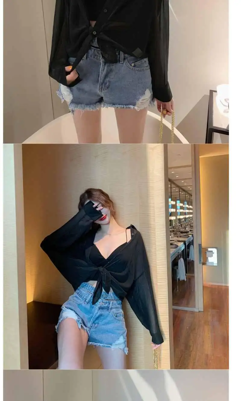 Blouses Women Summer Shirts Thin Loose See-through Sunscreen Pure Long Sleeve Sexy Womens Chiffon Korean Female New Fashion Tops