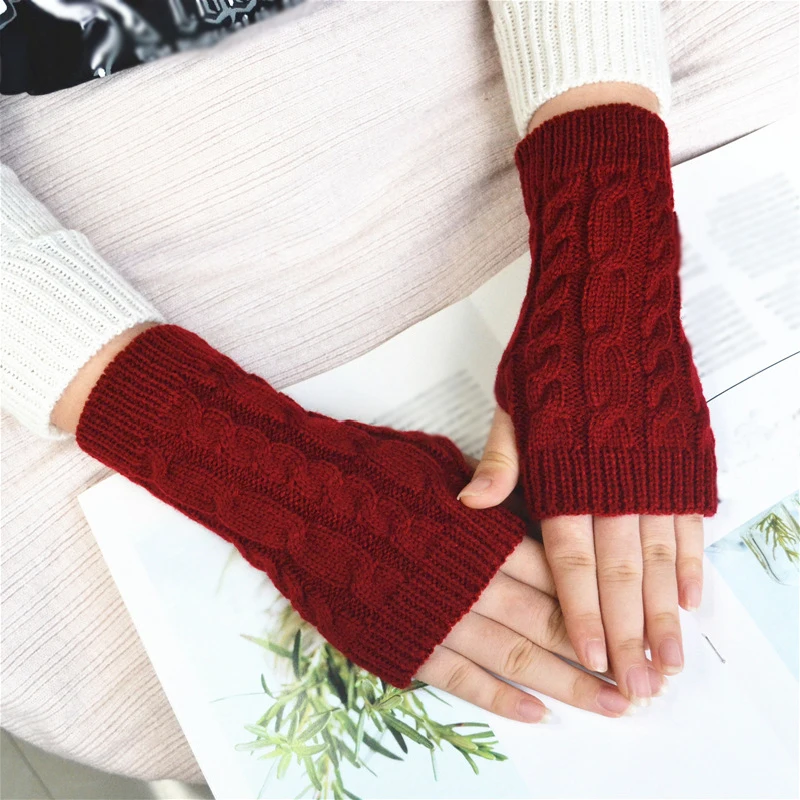 Горячая Распродажа, зимние шерстяные вязаные перчатки без пальцев, женские теплые короткие перчатки, винтажные вязаные перчатки - Цвет: dark red