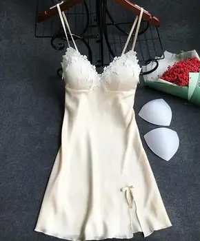 

Lace with Pad Removable Lady Nightgown Spaghetti Strap V-Neck Women Sleepwear