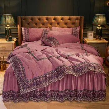 

Soft Crystal Velvet Flannel Fleece Lace Bedding Set Double Duvet Cover Set Bed Linen Quilting Bed Skirt Pillowcases Home Textile