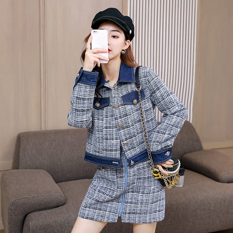 

2019 Early Autumn New Style High-End Set Female Jeans Joint Tweed Coat + Skirt-Style Two-Piece Set