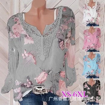 

Plus size casual women blouse 2020 spring and summer women blouse lace stitching long-sleeved V-neck printed chiffon Top shirt