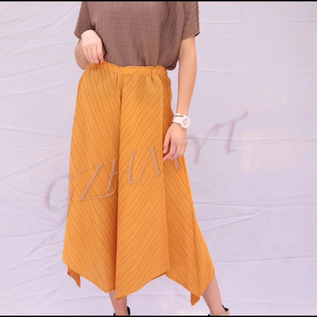 Горячая плиссированные Женские miyake Капри Модные Твердые Нерегулярные широкие брюки
