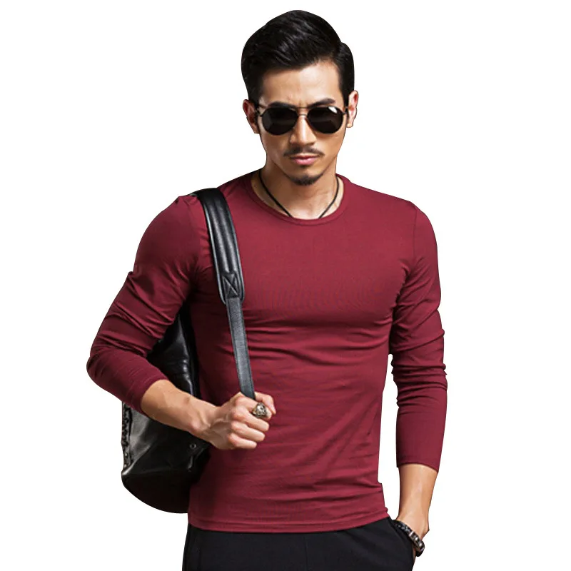 Burgundy o Мужская футболка ONCE из лайкры и хлопка, 4XL, футболка с длинным рукавом, Мужская однотонная Повседневная футболка с длинным рукавом для мужчин - Цвет: Burgundy o