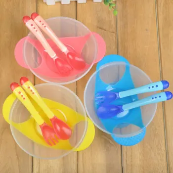 

children's dishes Feeding Bowl With Sucker + Temperature Sensing Training Spoon Baby Suction Bowl Tableware Set Kids Baby Food