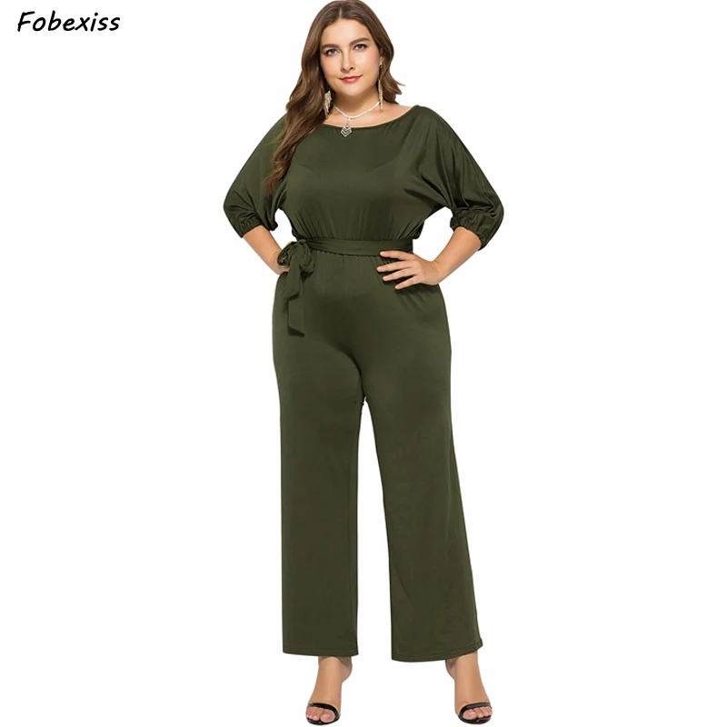 

Overalls Female Jumpsuits Fall 2019 Plus Size Half Sleeve Black Jumpsuit O Neck Lacing Elegant Ladies Jumpsuits Womens Clothing