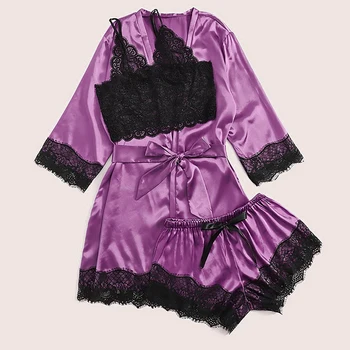 

3 Pieces Set Womens Pajamas Sexy Lace Lingerie Nightwear Underwear Sleepwear 3PC Suit Pajama Sets For Women Pijama Mujer