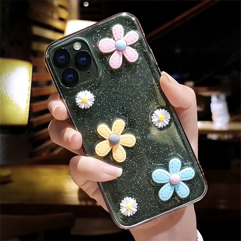 Блестящий чехол для телефона с 3D цветами iPhone 11 Pro 7 8 6 6s Plus X XR XS Max SE 2 блестящий