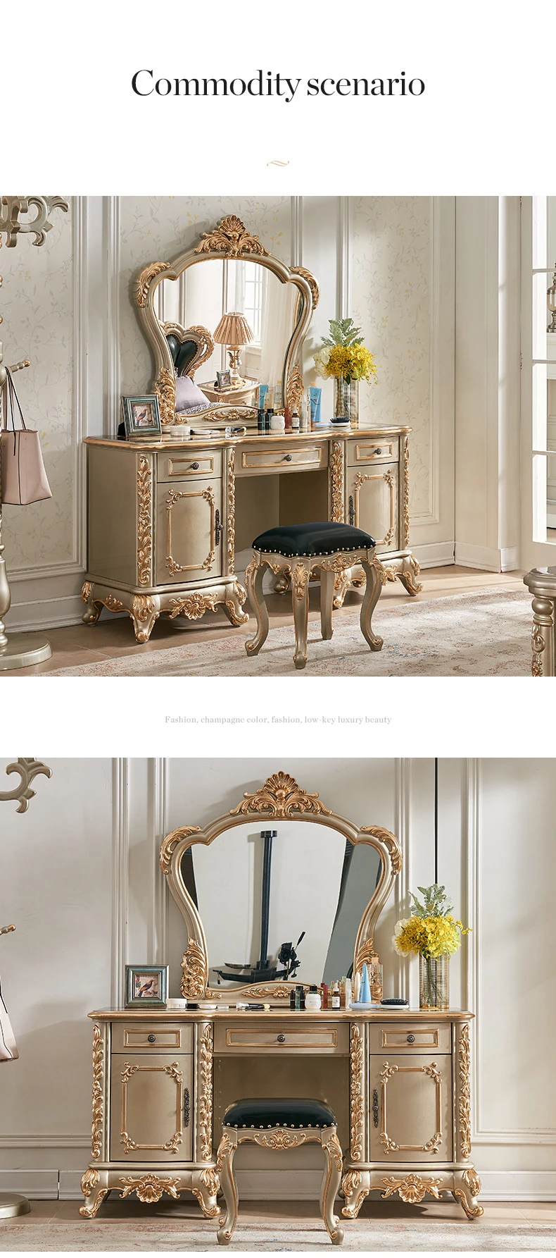 Description Picture 2 of itemEuropean Malaysia Furniture Luxury Princess Carved Flower Color Solid Wood Bedroom Toilet Dresser Table With Dresser Stool