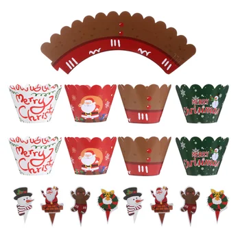 

48pcs Christmas Cake Toppers and Wrappers Creative Xmas Cupcake Decoration