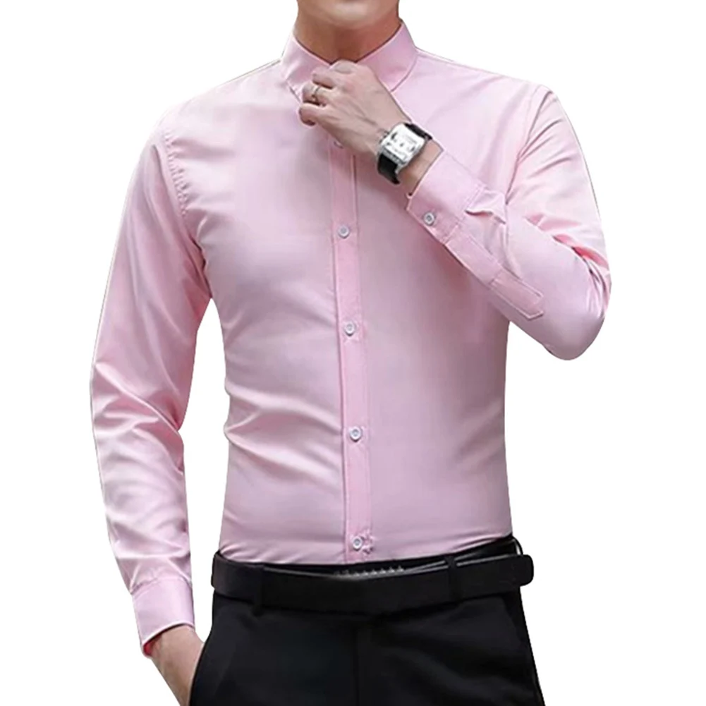 Розовый Мужские рубашки с длинными рукавами, облегающие однотонные рубашки для бизнеса, торжественных случаев на осень JS24 - Цвет: Розовый