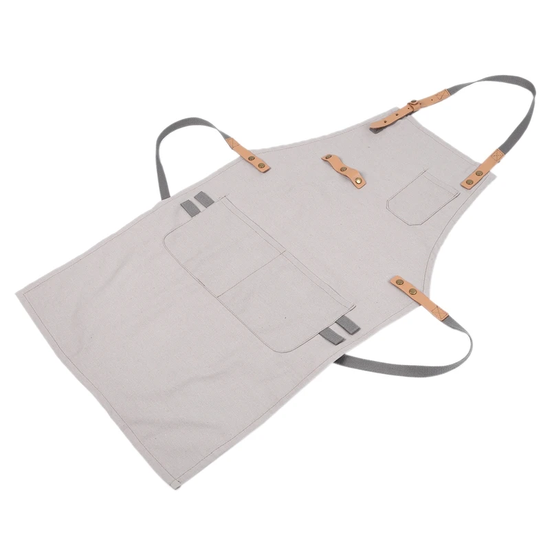 1 Pcs Beige Apron Durable Canvas Working Apron Cross-Back Straps and Adjustable with Pockets, for Women Men Use in Home School C
