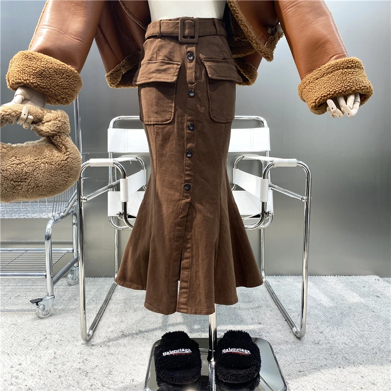 

Новая брендовая Оригинальная дизайнерская однобортная юбка-годе с завышенной талией, облегающая юбка-годе с запахом, универсальная юбка с двойным карманом и разрезом