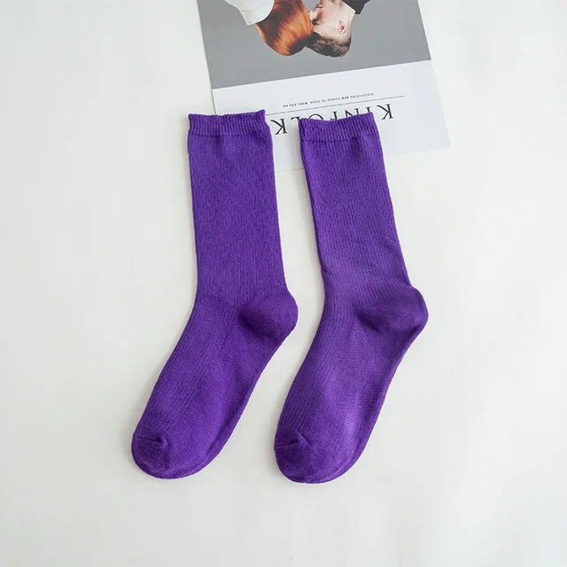 Solid color socks Ⅰ Middle tube Knitted Japanese Korea Loose Long Socks Women Pile Ins Soft Fashion girls Spring and Autumn longer Purple