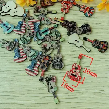 

50pcs Guitar Shape buttons mixed printed Handmade wood buttons for Decorative children clothes 2 holes flat back sewing buttons