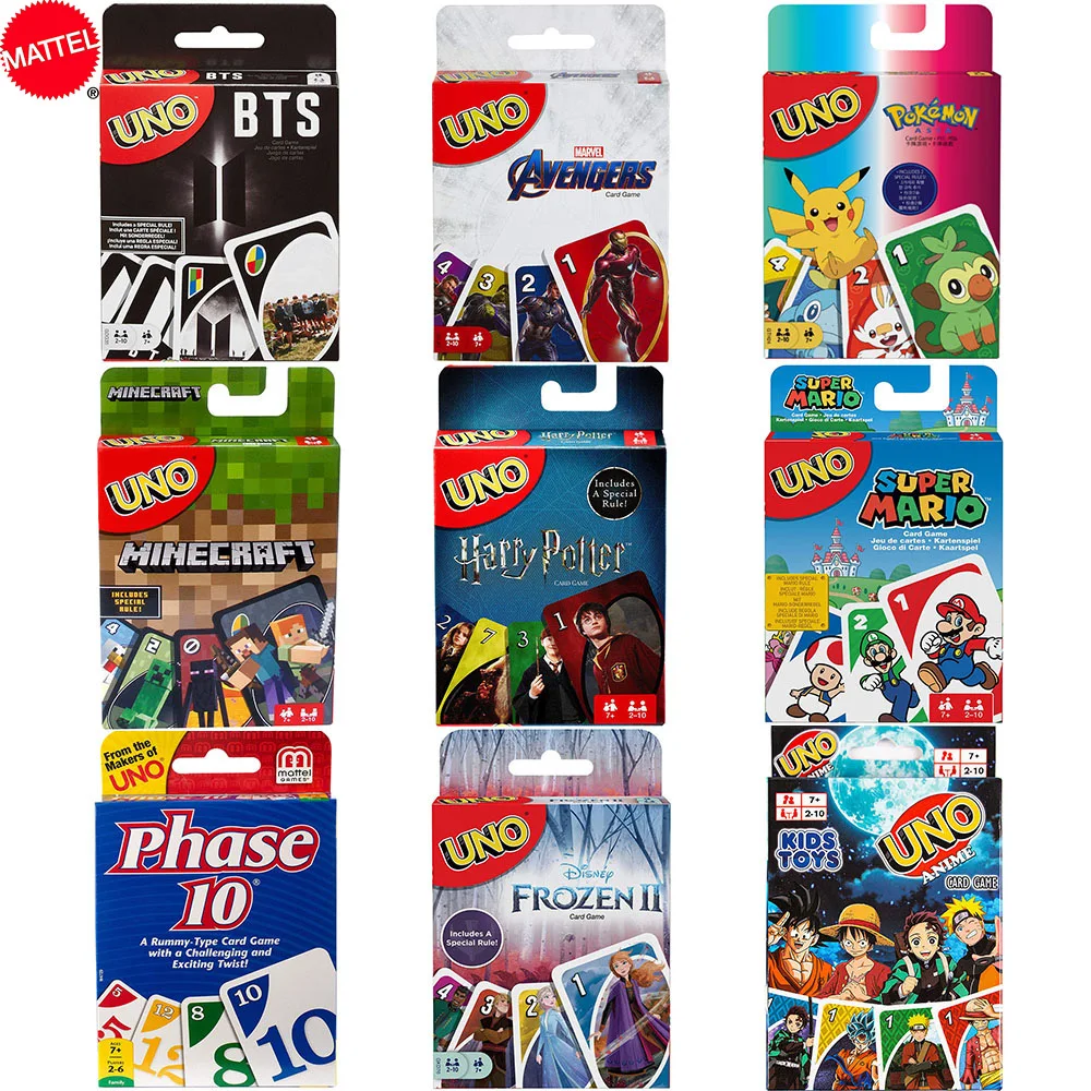 Mattel UNO-Juego de cartas de Pokemon, juego de cartas de la serie Pokemon, Minecraft, Super Mario, Harry Potter, BTS, familiar, divertido, juguetes para niños