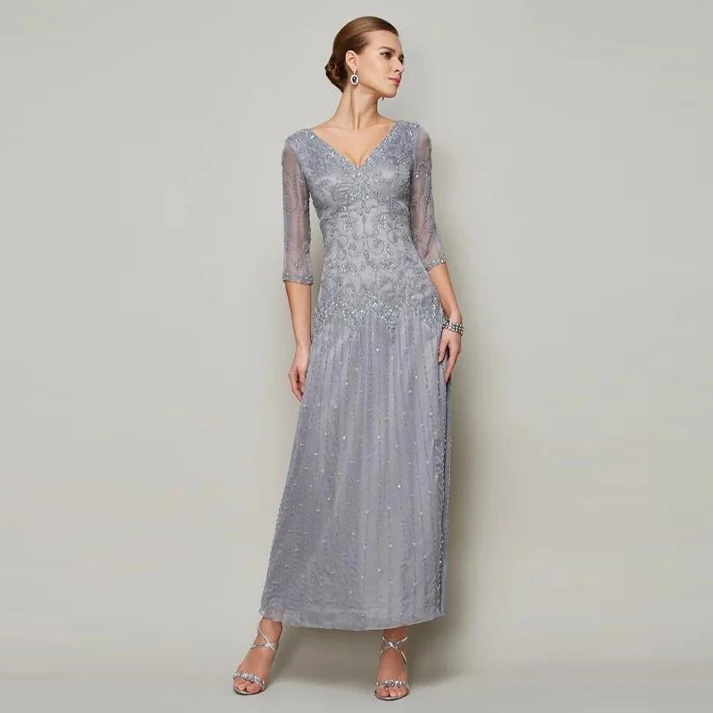 

2020 Luxury Silver Beading Mother of the Bride Dresses Ankle Length Deep V Neckline Three Quarter Sleeve Wedding Guest Dress