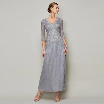 

2020 Luxury Silver Beading Mother of the Bride Dresses Ankle Length Deep V Neckline Three Quarter Sleeve Wedding Guest Dress