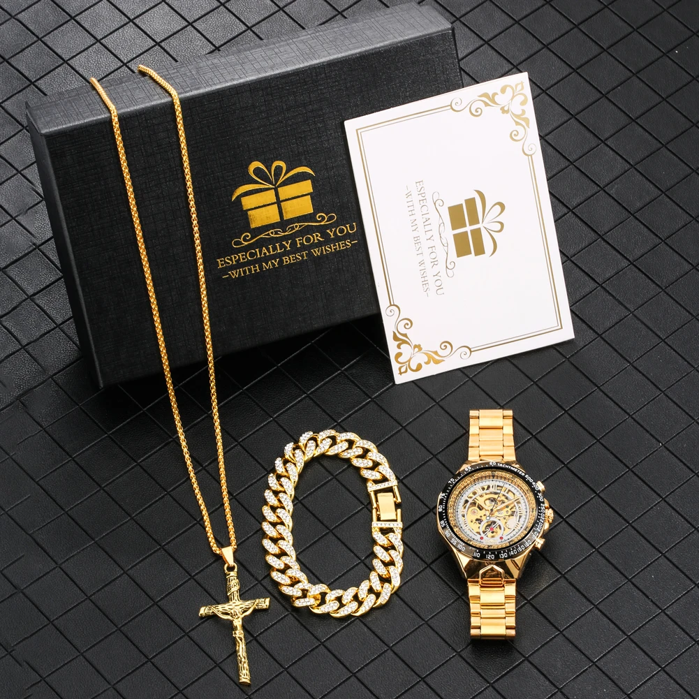 Luxury Golden Watch Gift Set Men Automatic Mechanical Stainless Steel Watch Men Gold Bracelet Necklace Best Gift for Dad Husband