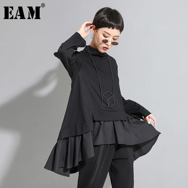 US $20.77 [EAM] Loose Fit Asymmetrical Ruffles Sweatshirt New High Collar Long Sleeve Women Big Size Fashion 