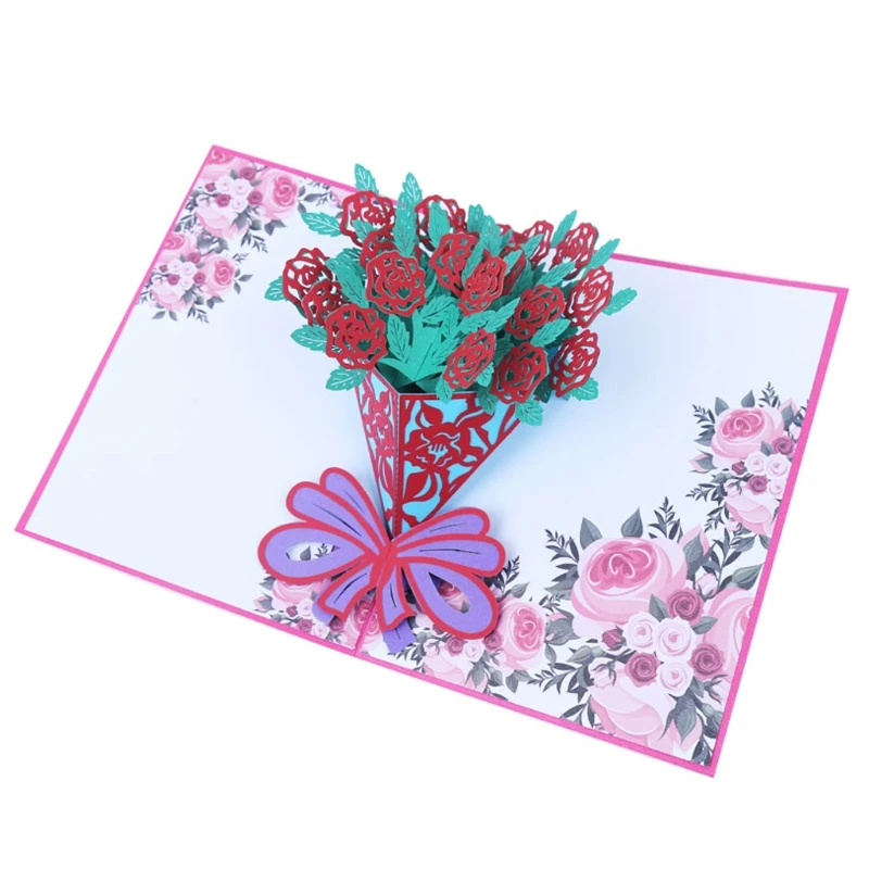  3D Pop Up Rose Flowers Greeting Card Christmas Birthday New Year Invitation E65B - 4.00027E+12