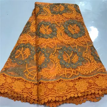 

Orange/gold lace fabric high quality lace nigerian lace fabric for women dress african tulle lace with stones 5yards per piece
