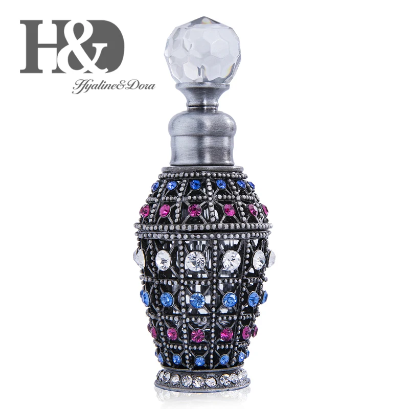 H&D 6ml Victorian Style Metal Glass Fragrance Bottle Bejeweled Crystals Empty Refillable Perfume/oil Bottle Wedding Decor Gift