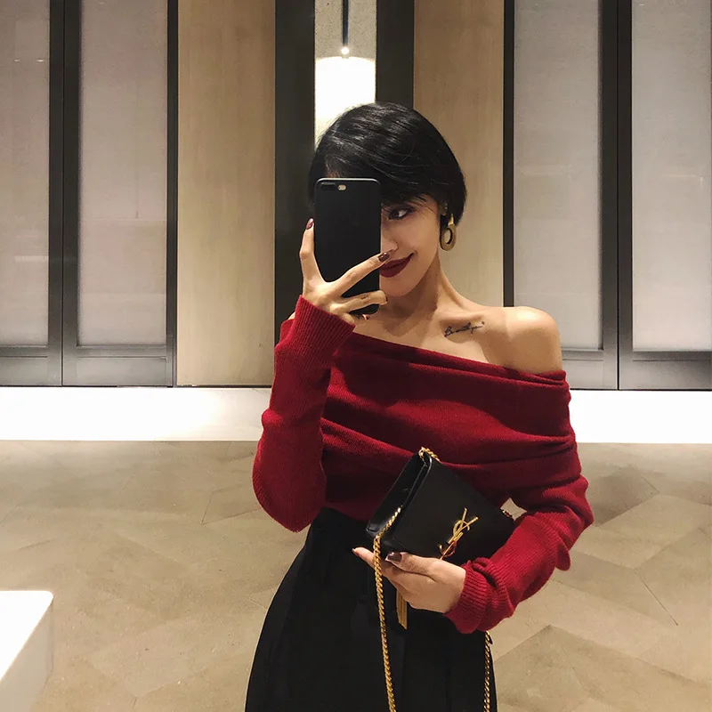  Sexy off Shoulder Women Sweaters Autumn Jumper Female High-quality Clothing One-Shoulder Knit Top C