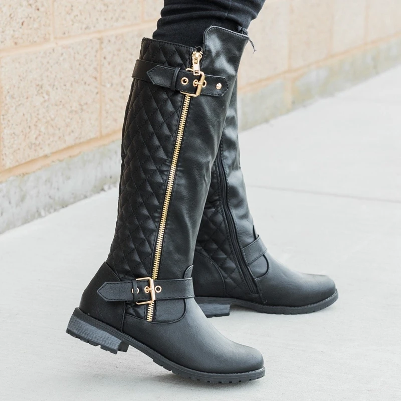 LOOZYKIT/женские зимние сапоги выше колена сапоги на высоком каблуке с металлической пряжкой модная обувь на толстом меху зимние высокие сапоги женская обувь - Цвет: black