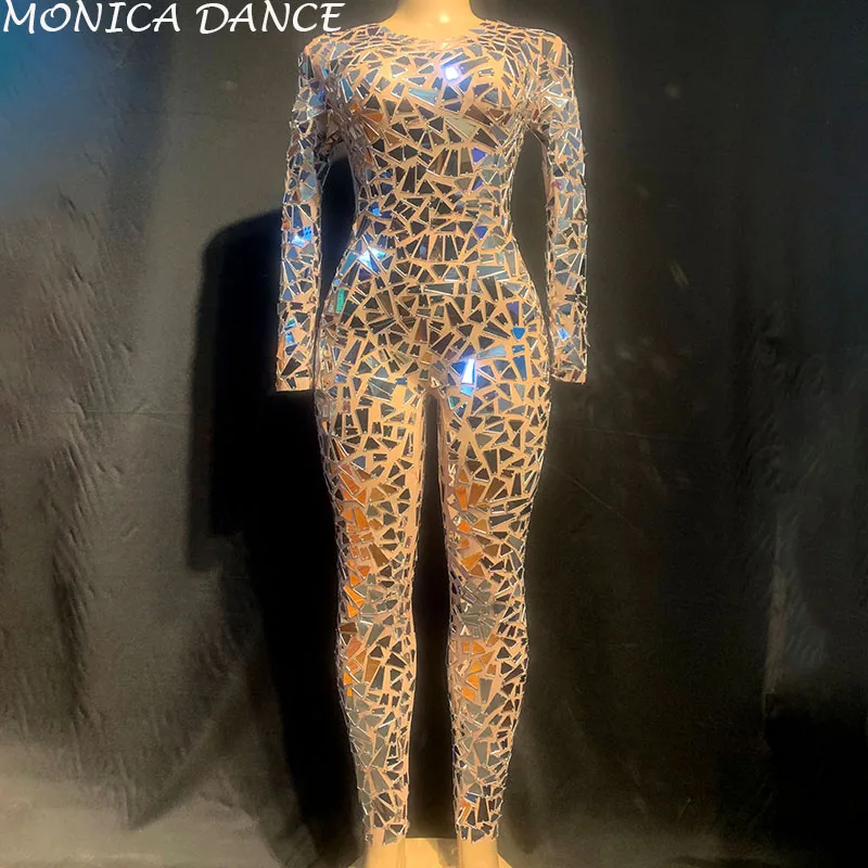 Mono Sexy con espejos plateados para mujer, traje de malla para baile, puesta en escena, traje de hilo, Mono para discoteca