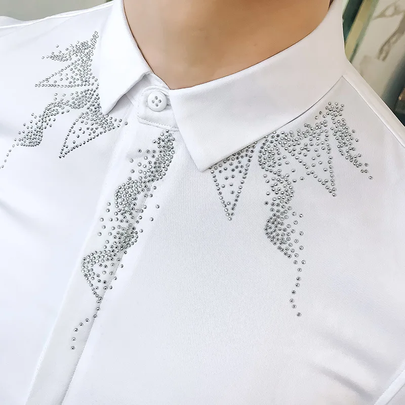 Горный хрусталь Для мужчин рубашка короткий рукав Повседневное Slim Fit рубашки Уличная Для мужчин платье смокинг Camisa Masculina черный, белый цвет