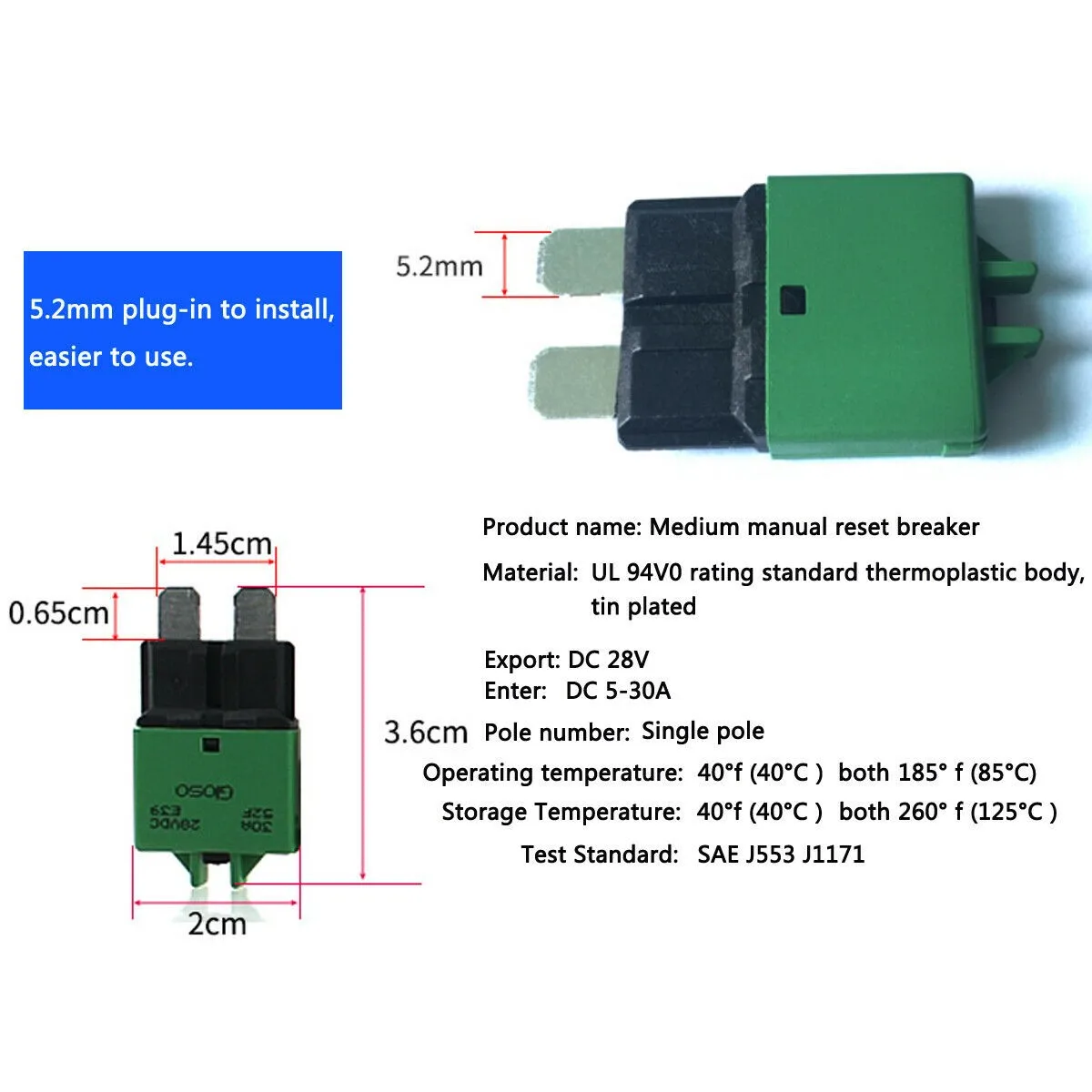 Disjoncteur Thermique Réinitialisable Auto/bateau - 12V/24V, 5A à 30A - Compatible Boîtier Fusibles ATC - Réinitialisation Auto/manuelle