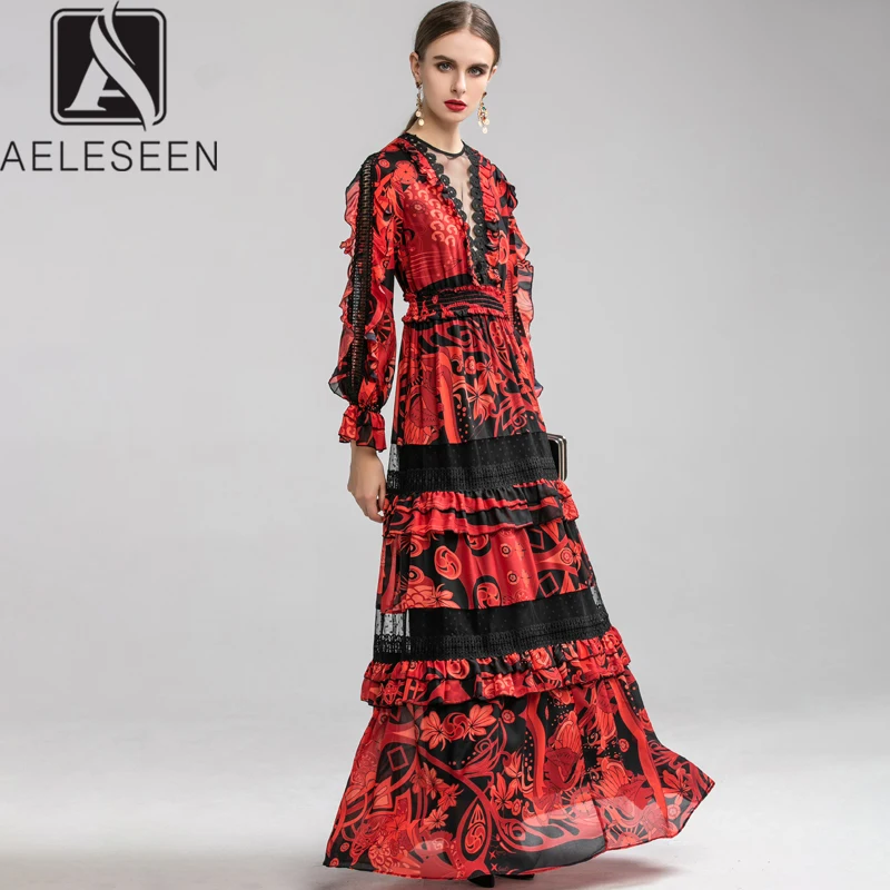 

AELESEEN 2020 New Design High Class Party Dresses Women Elegant Ruffles luxury Lace Spliced Sexy Mesh Elastic Waist Maxi Dress