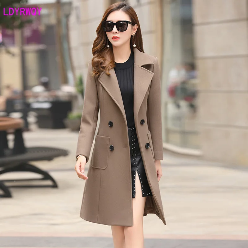 

2019 new winter Korean version of the slim slimming fashion temperament lapel double-breasted regular sleeve long woolen coat