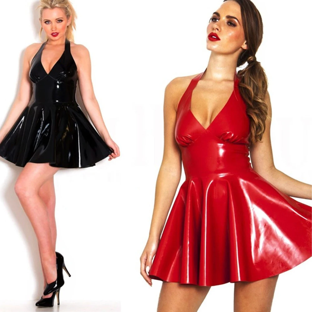 Vrouw-Plus-Size-Wet-look-Lederen-Jurk-Halter-Verzamelen-Taille-Ruches-Rok-Sexy-Lingerie-Latex-Jurk