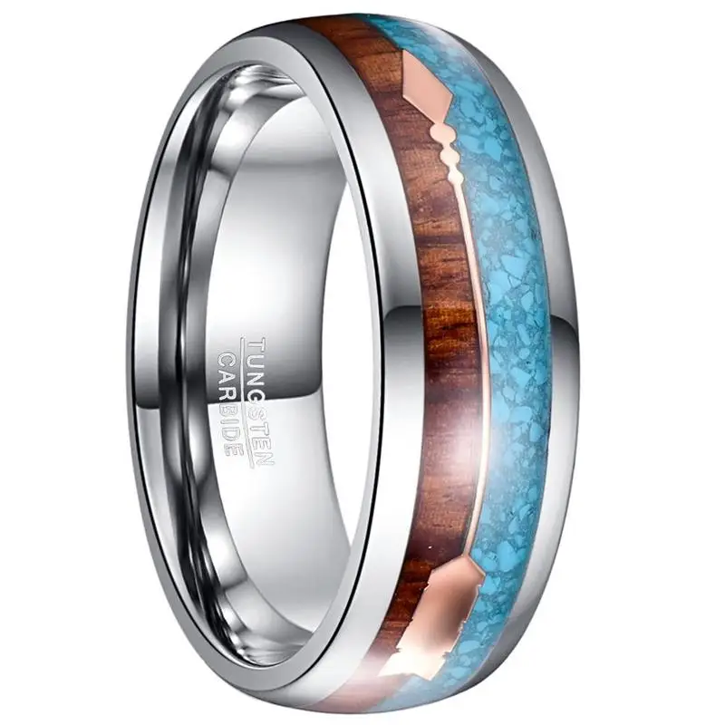 

8mm Men's Hawaiian Koa Wood and Turquoise Inlay Tungsten Carbide Ring with Rose Gold Arrow Comfort Fit Size 7-12