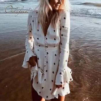 

Ordifree 2020 Summer Women Floral Mini Dress Long Sleeve Vintage Flower Print Ruffle Satin Short Dress