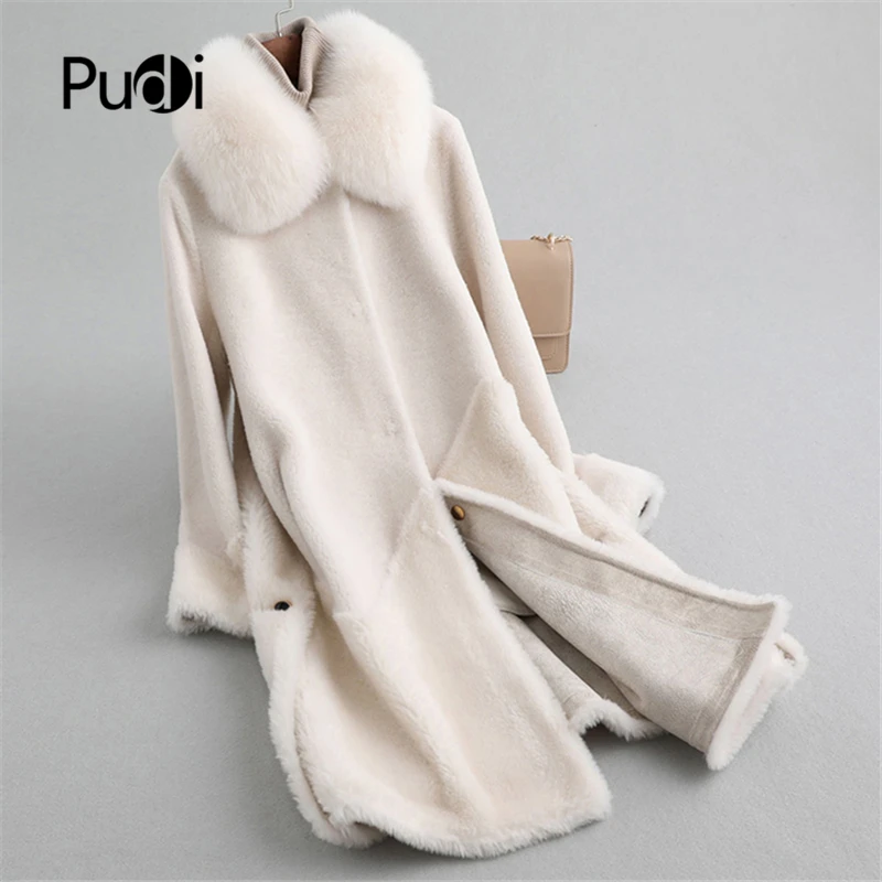 

PUDI A19028 lady 100% wool fur coat jacket with real fox fur collar overcoat women winter warm genuine fur coat