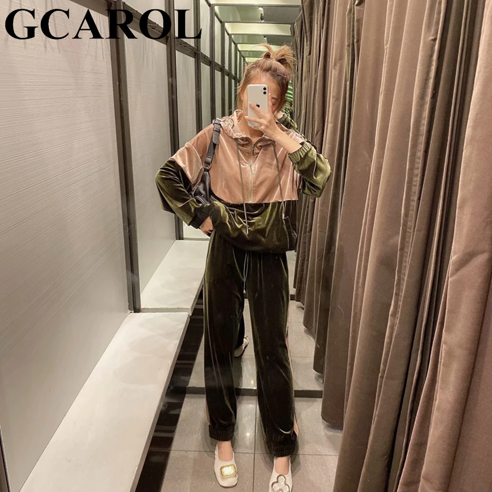 GCAROL Новая женская бархатная толстовка с капюшоном большого размера двухцветная Осенняя зимняя спортивная толстовка для активного отдыха спортивные костюмы