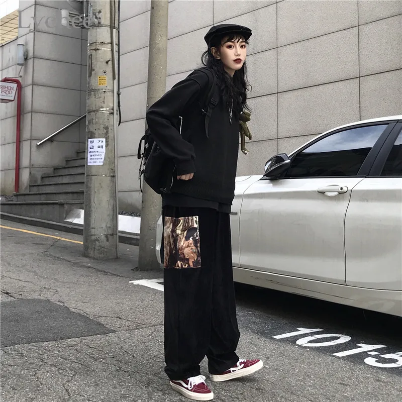 Lychee, Harajuku, однотонные Вельветовые женские штаны, высокая талия, свободные, широкие, женские брюки, винтажные, весна, осень, зима, женские штаны